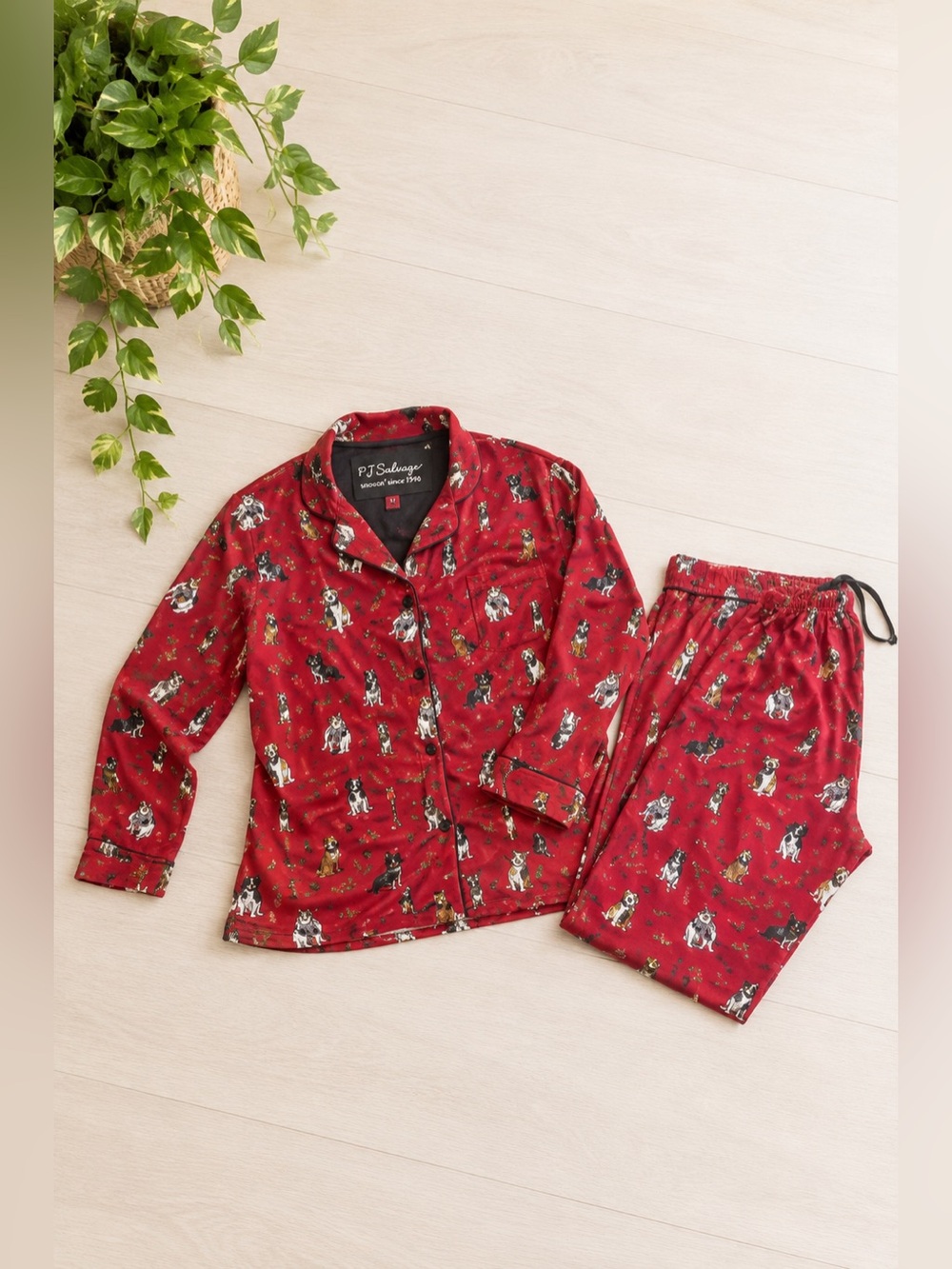 PJ Salvage Women's Red Puppy Print Cotton‎ Flannel Pajama Set S 2pc Dog Winter